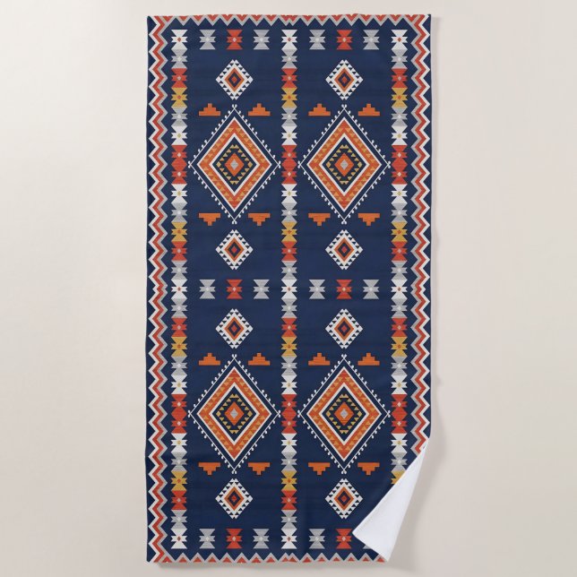 Serviette De Plage Azure Navy and Terracotta Geometric Tribal (Devant)