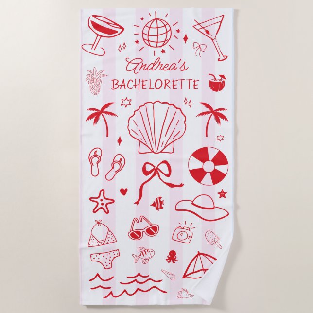 Serviette De Plage Bachelorette Côtière Rose Rouge Tiré À La Main Fav (Devant)