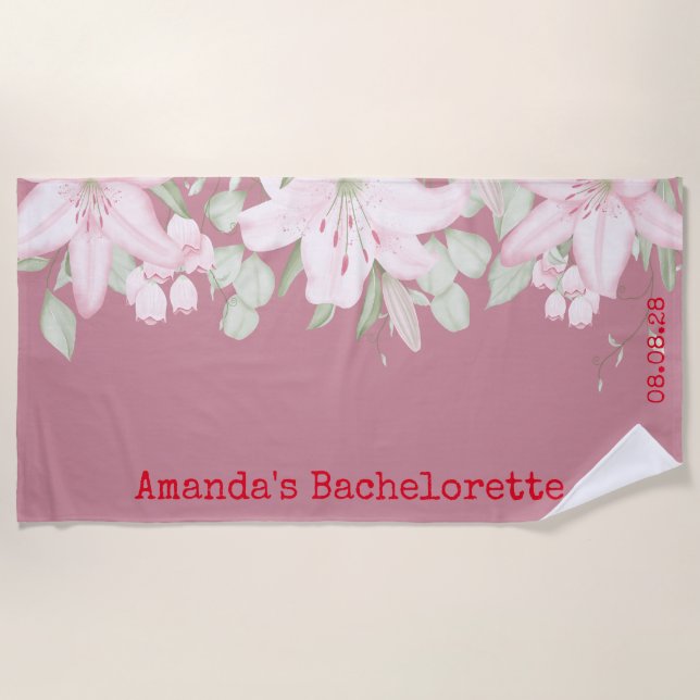 Serviette De Plage Bachelorette florale blanche rose personnalisée (Devant)