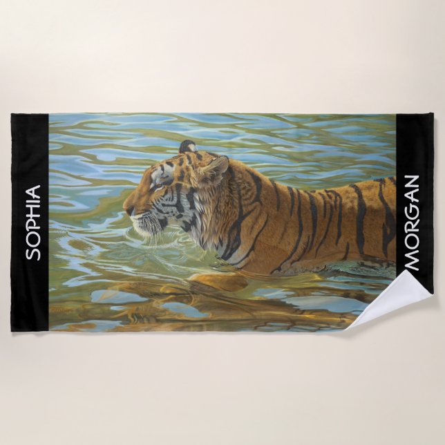 Serviette De Plage Baignade Tiger Art, Personnaliser les noms, Noir (Devant)