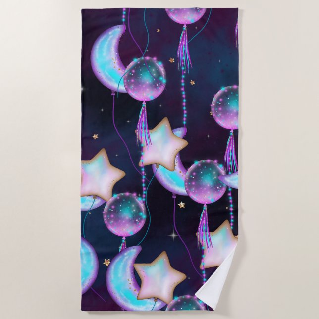 Serviette De Plage Ballons cosmiques | Blue Purple Moon Stars Planète (Devant)