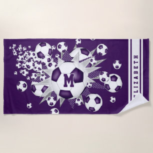 Serviette De Plage ballons de football avec étoiles violettes gris no