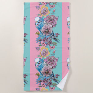 Serviette De Plage Ballotin de gâteau Blue Budgie & Rose Floral Party