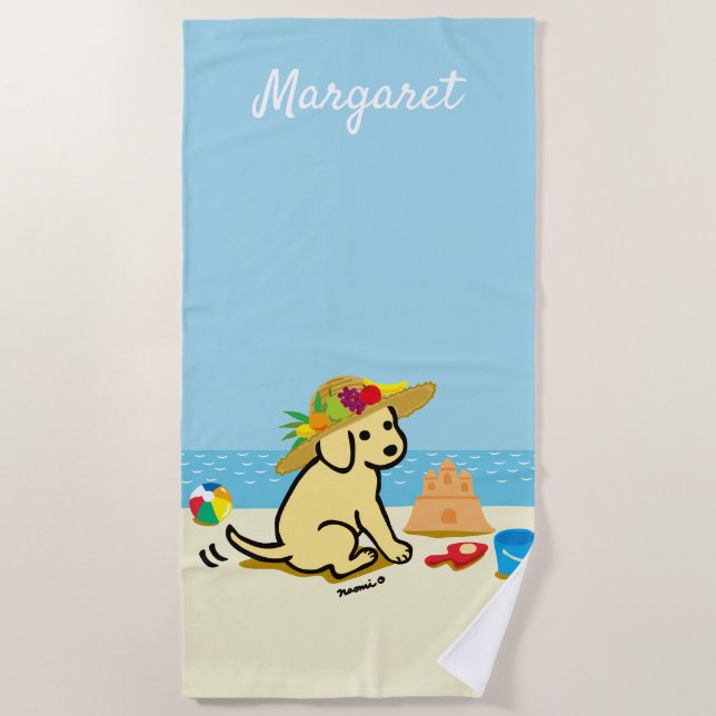 Serviette De Plage Bande dessinée jaune de chapeau de paille de chiot (Devant)