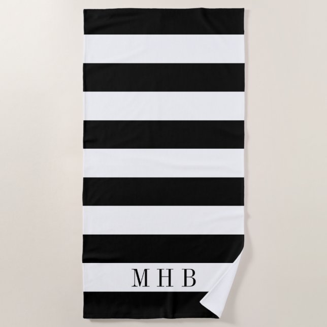 Serviette De Plage Bande et monogramme blanc et noir (Devant)