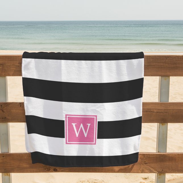 Serviette De Plage Bande noire et monogramme rose (Créateur téléchargé)