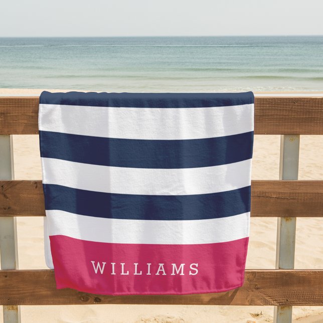 Serviette De Plage Bande rose et marine personnalisée (Créateur téléchargé)