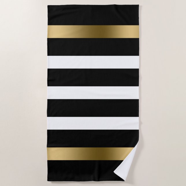 Serviette De Plage Bandes blanches et noires Accents or motif (Devant)