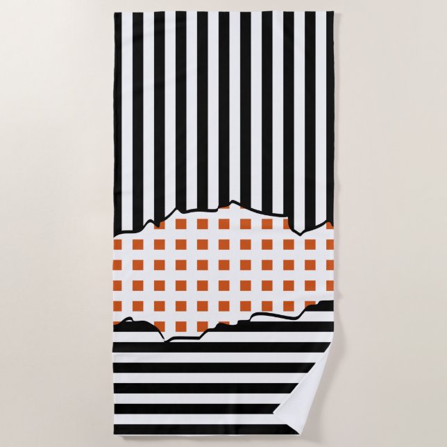 Serviette De Plage Bandes Élégantes Net Noir, Blanc, Orange (Devant)