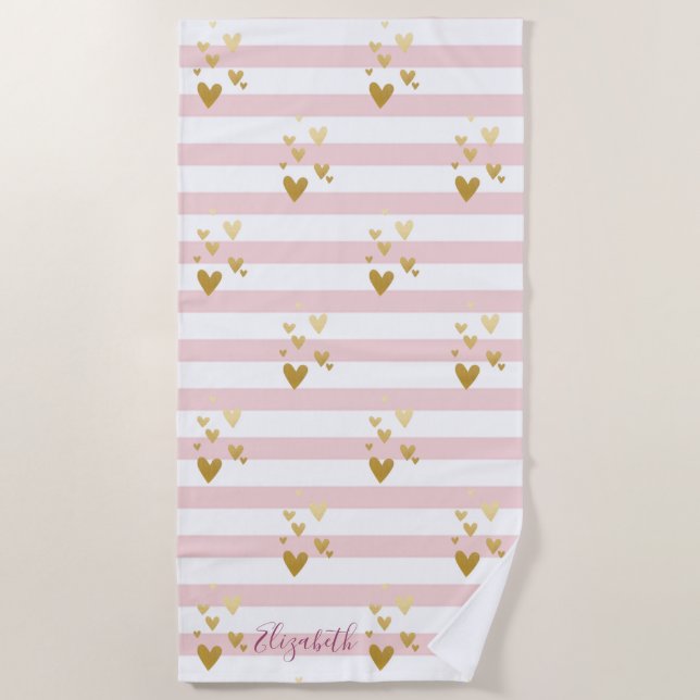 Serviette De Plage Bandes Gold Hearts (Devant)