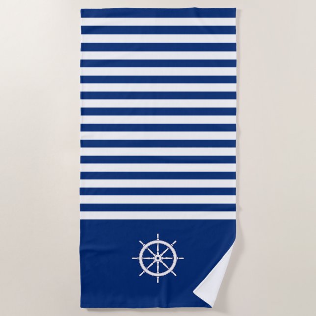 Serviette De Plage Bandes Nautiques+Navires Roue Bleu+Blanc (Devant)