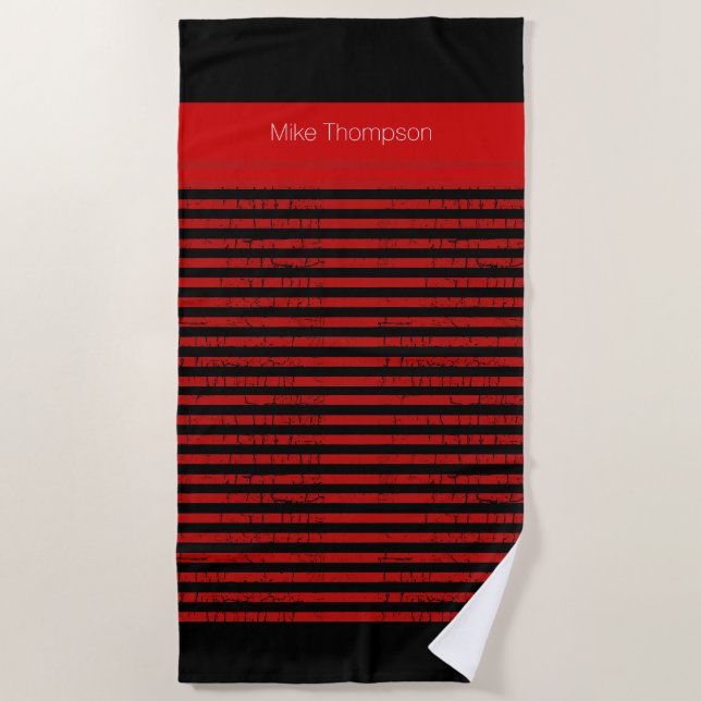Serviette De Plage Bandes rouges avec nom sur noir (Devant)