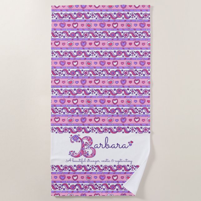 Serviette De Plage Barbara B nom signifiant fleurs coeur rose serviet (Devant)