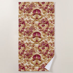 Serviette De Plage Baroque Floral Luxueux Or et Bourgogne