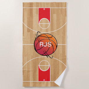 Serviette De Plage Basket-ball de monogramme sur le terrain de basket