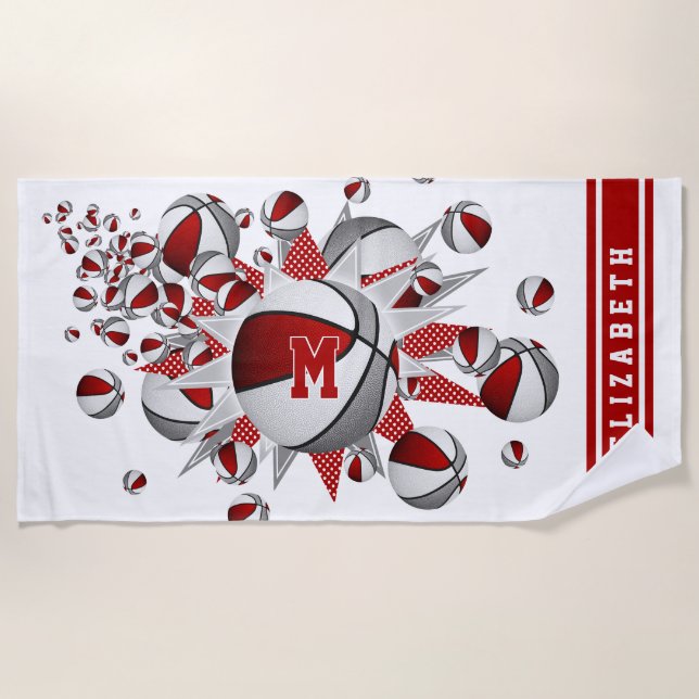 Serviette De Plage basket gris rouge étoiles filles monogrammed (Devant)