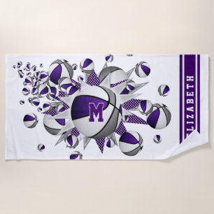 Serviette De Plage basket gris violet étoiles filles monogrammed