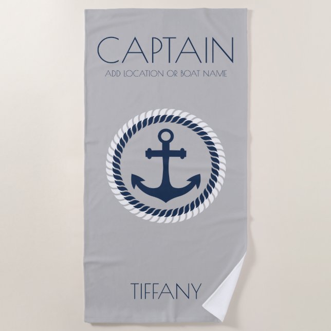 Serviette De Plage Bateau d'Ancre nautique du capitaine personnalisé (Devant)