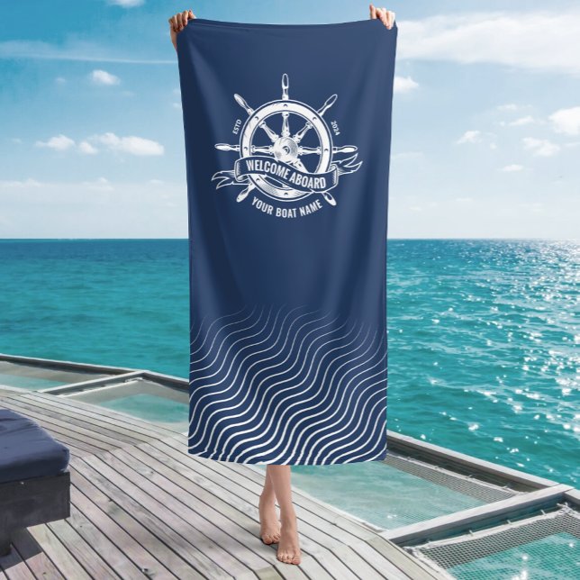 Serviette De Plage Bateau nautique Bienvenue à bord bleu marine (Créateur téléchargé)