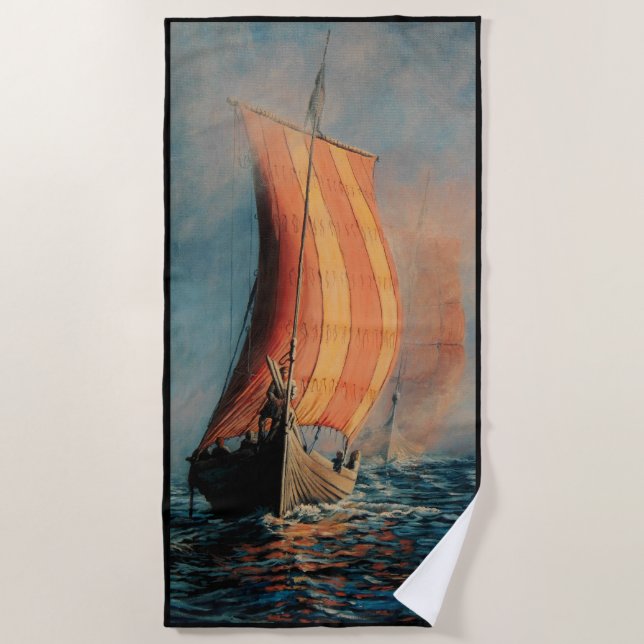 Serviette De Plage Bateau viking/bateau long en voilier sur garniture (Devant)