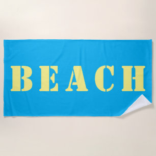 Serviette De Plage BEACH Grandes Lettres au crayon jaune sur le bleu 
