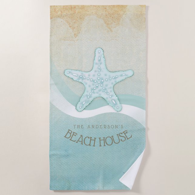 Serviette De Plage Beach House Nautical Starfish Aqua Blue ID623 (Devant)