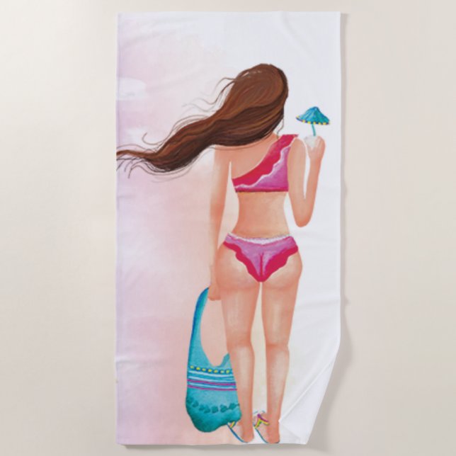 Serviette De Plage *~* Beach Ocean Sea Nautical Woman Bikini Cocktail (Devant)