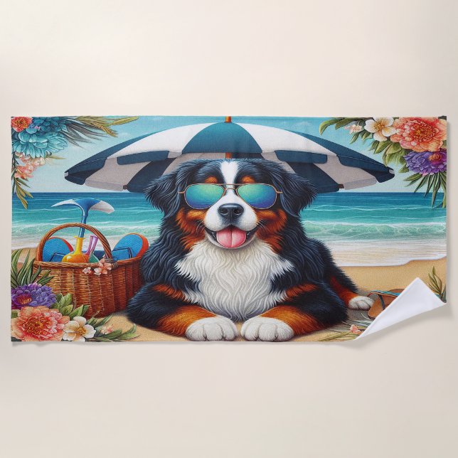 Serviette De Plage Beachside Bernese Bliss : Chien Cool avec lunettes (Devant)