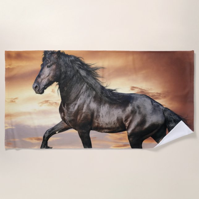 Serviette De Plage Beau Cheval Noir (Devant)