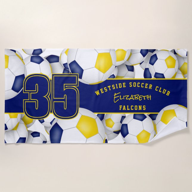 Serviette De Plage Beaucoup de balles de football bleu or fin de sais (Devant)