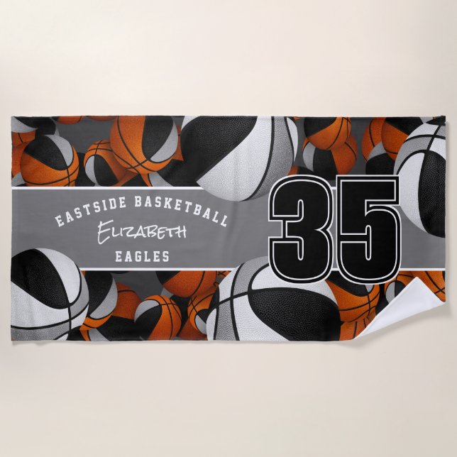 Serviette De Plage Beaucoup de boules de basket aux couleurs noir gri (Devant)