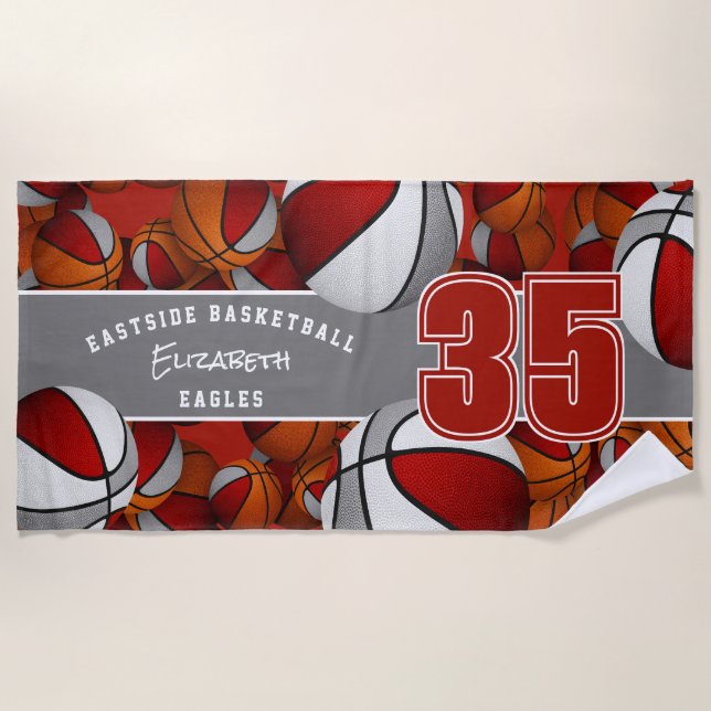 Serviette De Plage Beaucoup de boules de basket rouge gris esprit d'é (Devant)