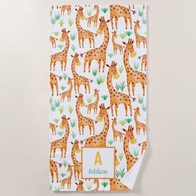 Serviette De Plage Belle aquarelle Giraffe Animal Personnalisé (Devant)