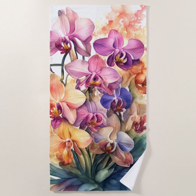 Serviette De Plage Belle Aquarelle Orchidées (Devant)