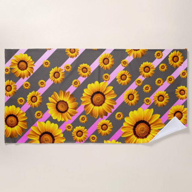 Serviette De Plage Belles fleurs jaunes sur gris, rayures roses (Devant)