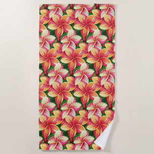 Serviette De Plage Belles fleurs roses tropicales sur fond vert forêt