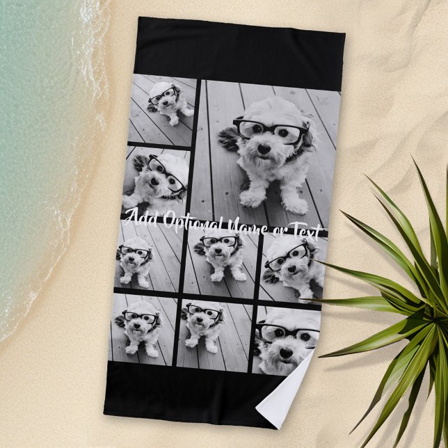 Serviette De Plage Black 9 Photo Carré Collage - avec script blanc (Personalized Beach Towel - Photo Collage with area for monogram or text)
