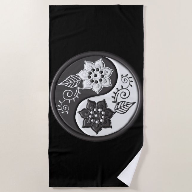 Serviette De Plage Black and Silver Floral Yin Yang (Devant)