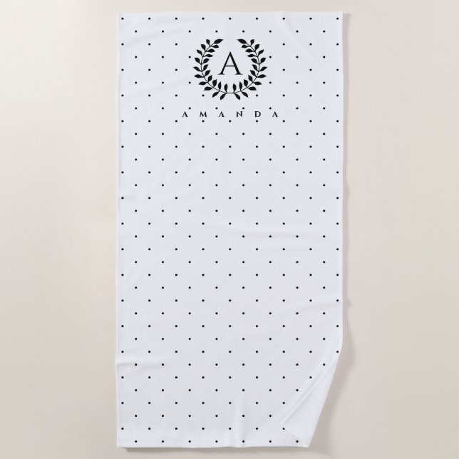 Serviette De Plage Black And White Laurel Monogram Polka Dot Pattern (Devant)