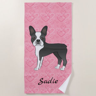 Serviette De Plage Black Boston Terrier Chien Sur Coeur Rose Et Nom