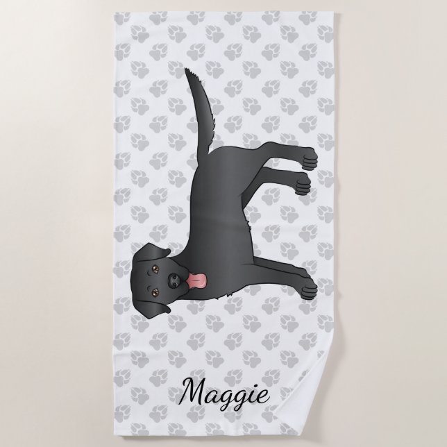 Serviette De Plage Black Labrador Retriever Dessin Chien et nom (Devant)