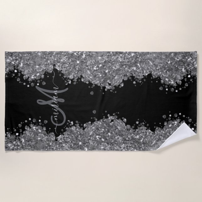 Serviette De Plage Black Silver Glitter Grey Modern Monogram (Devant)