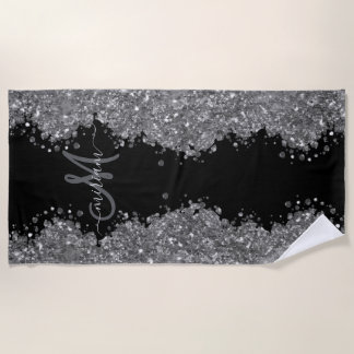 Serviette De Plage Black Silver Glitter Grey Modern Monogram