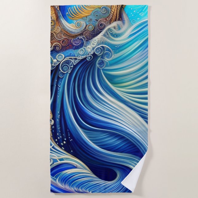 Serviette De Plage Bleu avec or Abstrait Ocean Waves Artwork (Devant)