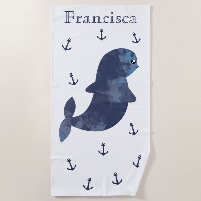 Serviette De Plage Bleu blanc Ancres Marine Cute Kawaii Baleine Nauti (Devant)