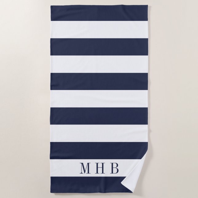 Serviette De Plage Bleu blanc et de minuit et rayure et monogramme (Devant)