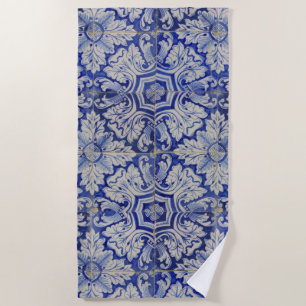 Serviette De Plage Bleu & Blanc Méditerranéen Vintage motif floral