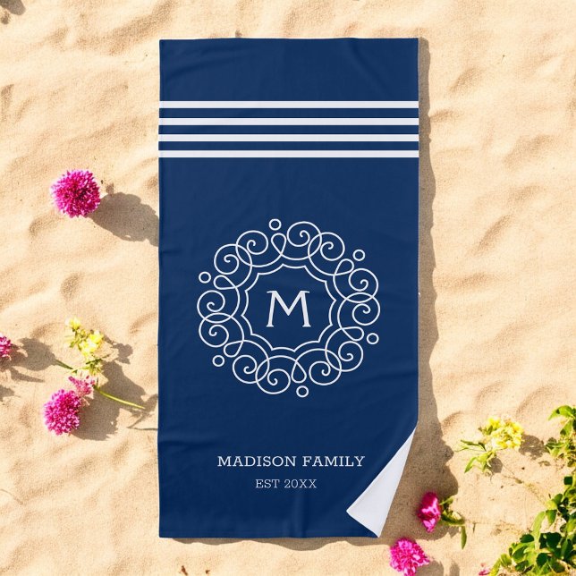 Serviette De Plage Bleu Blancs Monogramme Nom initial (Créateur téléchargé)