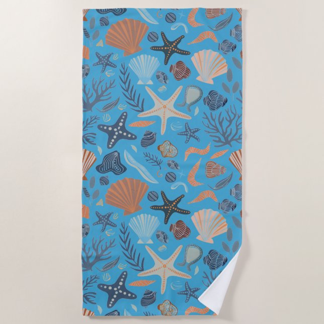 Serviette De Plage Bleu de coquille d'aquarelle (Devant)