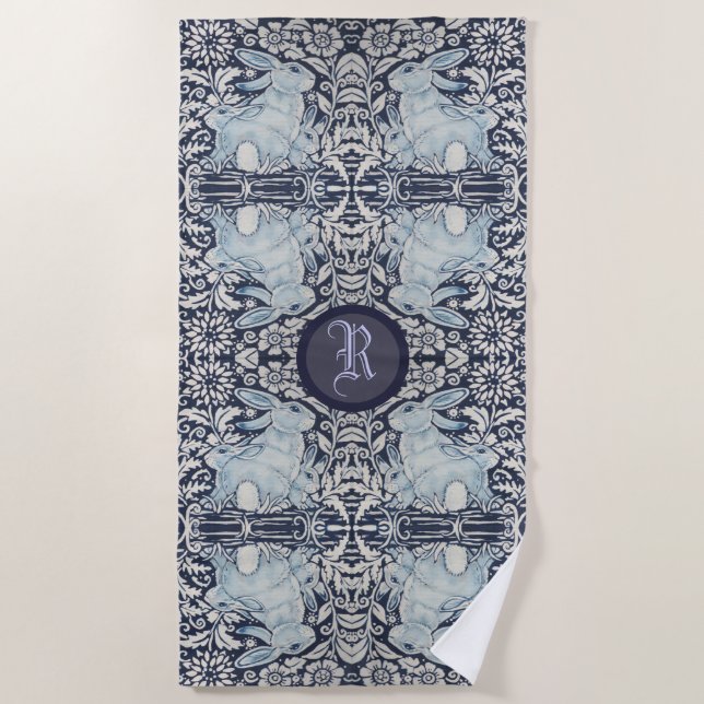 Serviette De Plage Bleu et blanc Lapin Lapin Floral Pâques Monogramme (Devant)